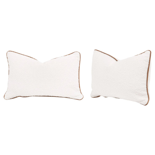 White Boucle With Leather Piping Lumbar Throw Pillow With Insert - Set of 2