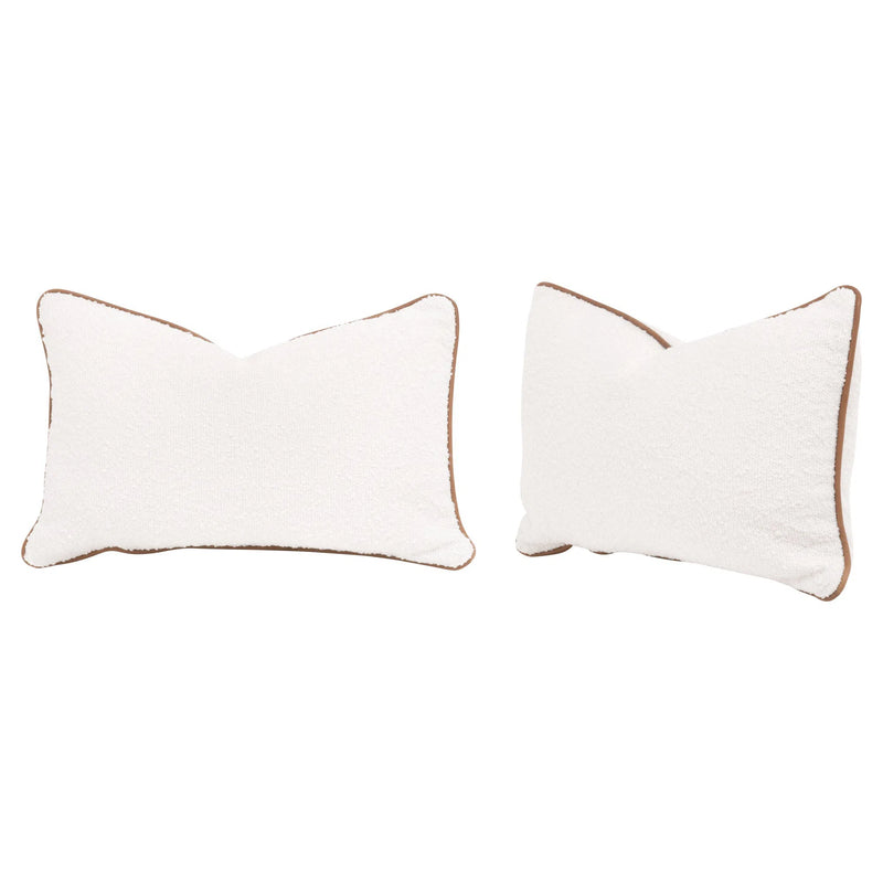 White Boucle With Leather Piping Lumbar Throw Pillow With Insert - Set of 2