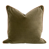 Olive Velvet Throw Pillow Set Leather Piping Accent