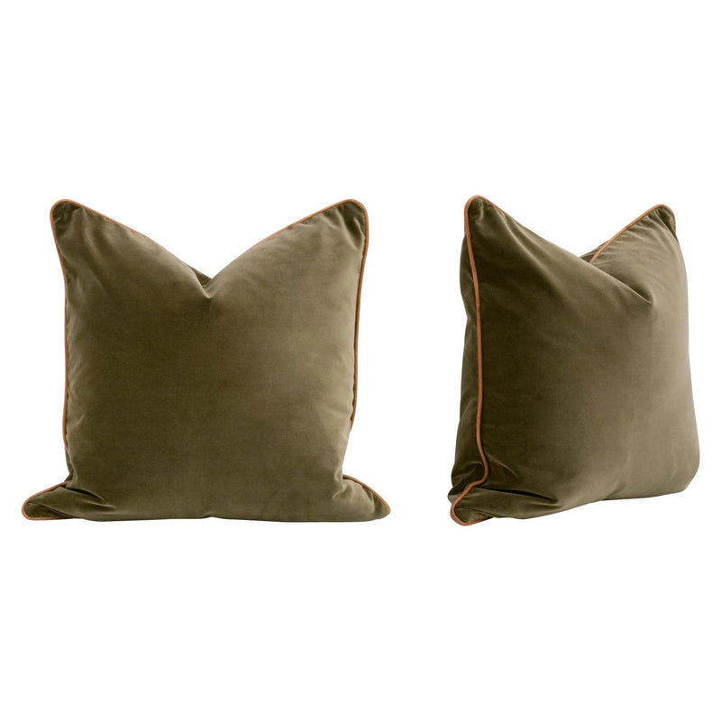 Olive Velvet Throw Pillow Set Leather Piping Accent