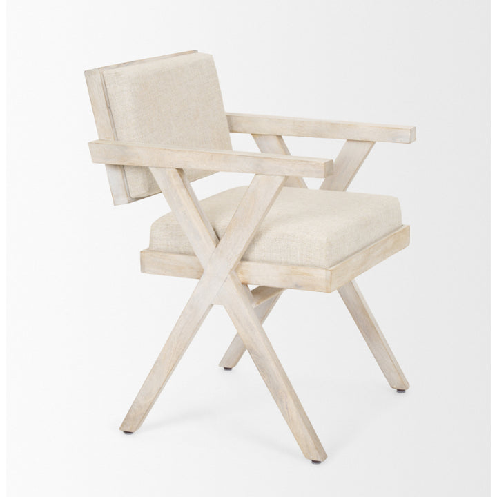 Beige director's chair with wooden frame on a white background
