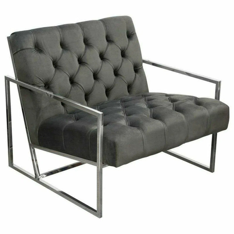 Tufted Grey Velvet Accent Chair Silver Stainless Steel Frame Club Chairs LOOMLAN By Diamond Sofa