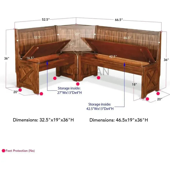 Tuscany Wooden Breakfast Nook Set With Storage Bench-Dining Table Sets-Sunny D-LOOMLAN