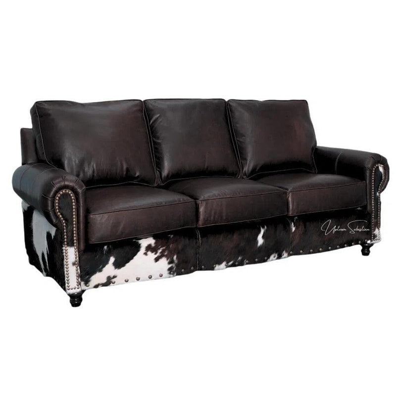 Western Style Leather & Hair On Hide Sofa Dark Brown Marshal Sofas & Loveseats LOOMLAN By Uptown Sebastian