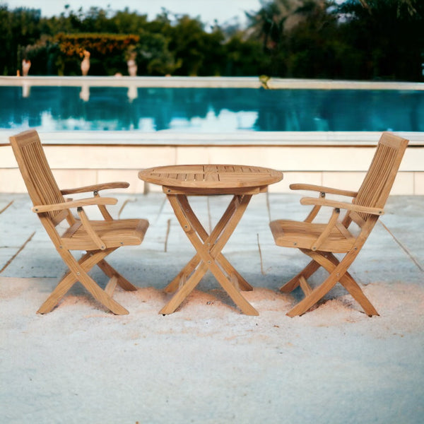 Valencia 3-piece Round Teak Outdoor Bistro Set with Folding Table and Armchairs-Outdoor Bistro Sets-HiTeak-LOOMLAN