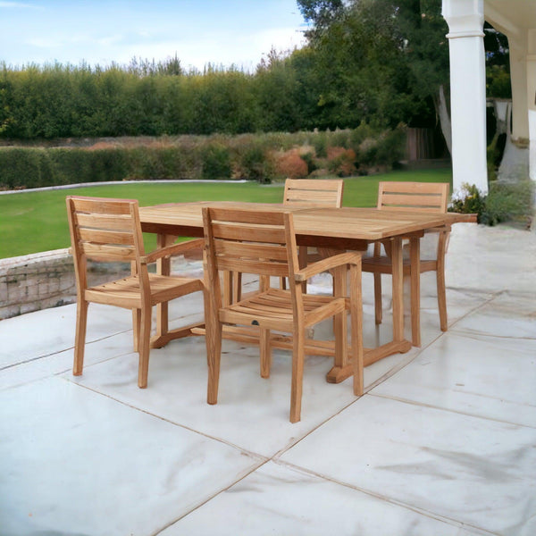 Venice 5-Piece Rectangular Teak Outdoor Dining Set with Extendable Table and Stacking Armchairs-Outdoor Dining Sets-HiTeak-LOOMLAN