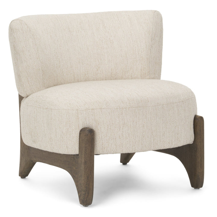 Beige armchair with wooden legs on a white background