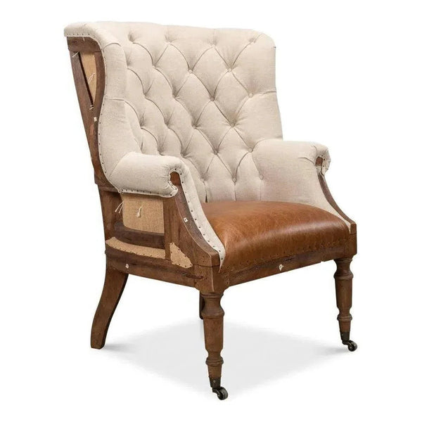Welsh Beige Wing Accent Chair Linen, Burlap, Leather - LOOMLAN - Sarreid - Accent Chairs
