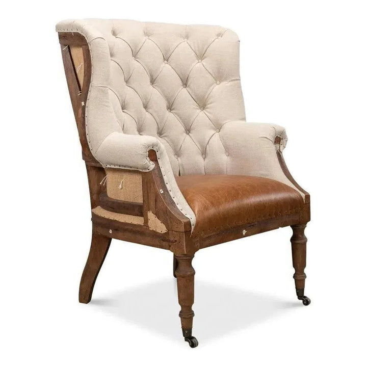 Welsh Beige Wing Accent Chair Linen, Burlap, Leather - LOOMLAN - Sarreid - Accent Chairs
