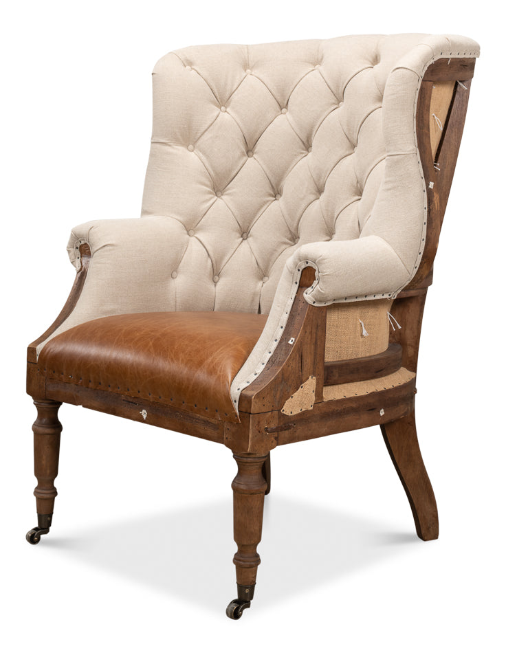 Welsh Beige Wing Accent Chair Linen, Burlap, Leather-Accent Chairs-Sarreid-LOOMLAN