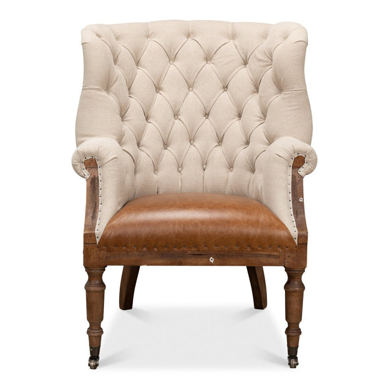 Welsh Beige Wing Accent Chair Linen, Burlap, Leather-Accent Chairs-Sarreid-LOOMLAN