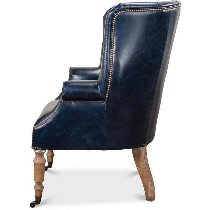 Welsh Blue Wing Back Leather Accent Chair - LOOMLAN - Sarreid - Accent Chairs