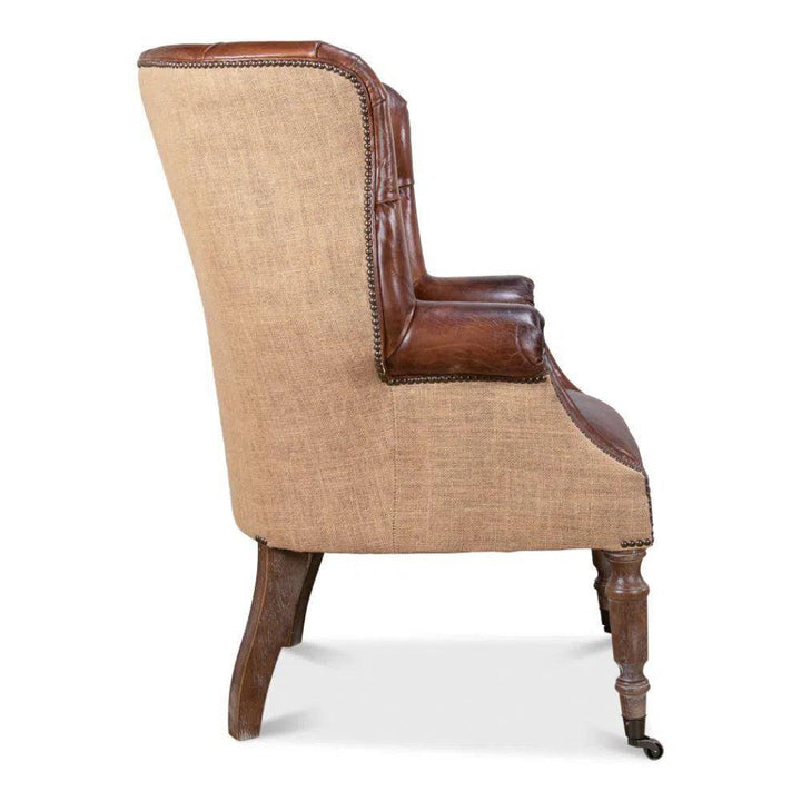 Welsh Leather & Jute Wing Back Accent Chair - LOOMLAN - Sarreid - Accent Chairs