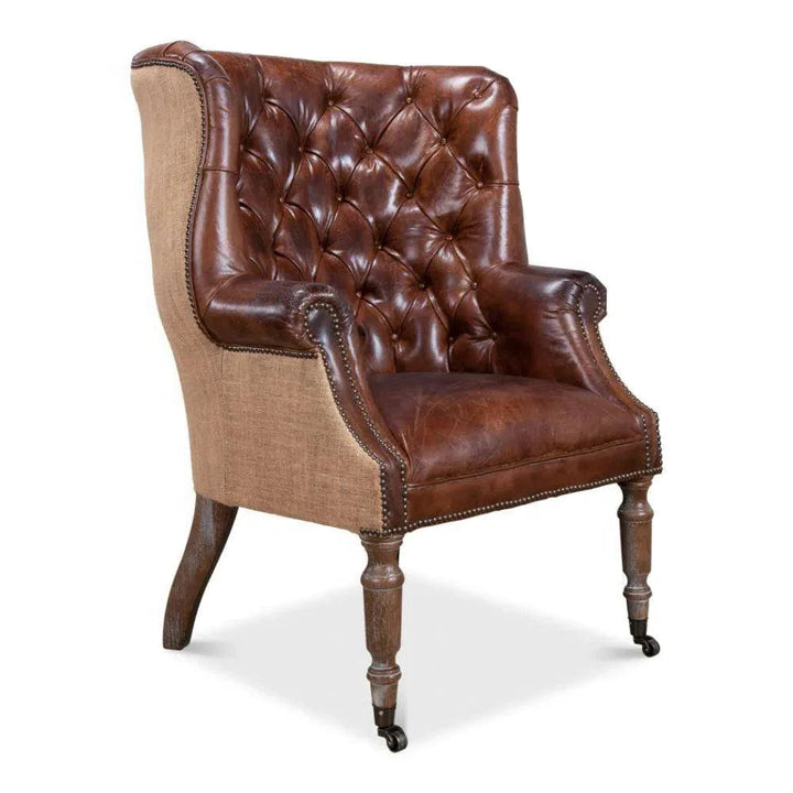 Welsh Leather & Jute Wing Back Accent Chair - LOOMLAN - Sarreid - Accent Chairs