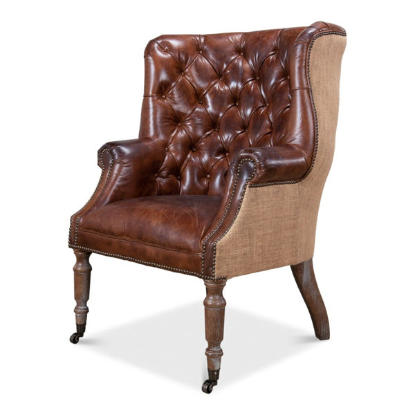 Welsh Leather & Jute Wing Tufted Back Accent Chair-Accent Chairs-Sarreid-LOOMLAN