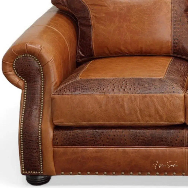 Western Style Leather Couch With Brown Alligator Embossed Leather Sofas & Loveseats LOOMLAN By Uptown Sebastian