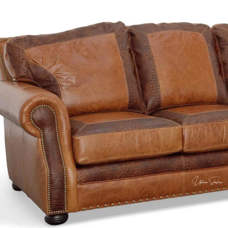 Western Style Leather Couch With Brown Alligator Embossed Leather Sofas & Loveseats LOOMLAN By Uptown Sebastian