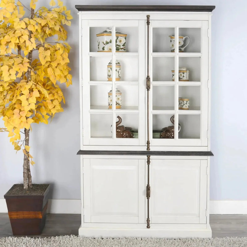 White Buffet & Hutch Glass Doors Cabinet