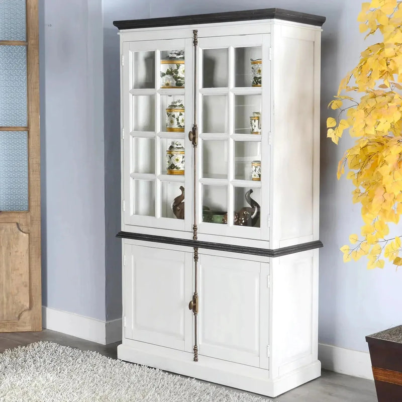 White Buffet & Hutch Glass Doors Cabinet