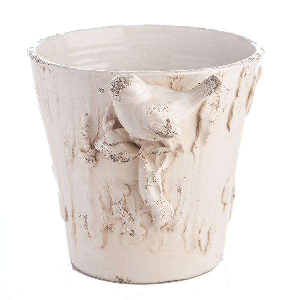 White Ceramic Outdoor Cachepot with Bird