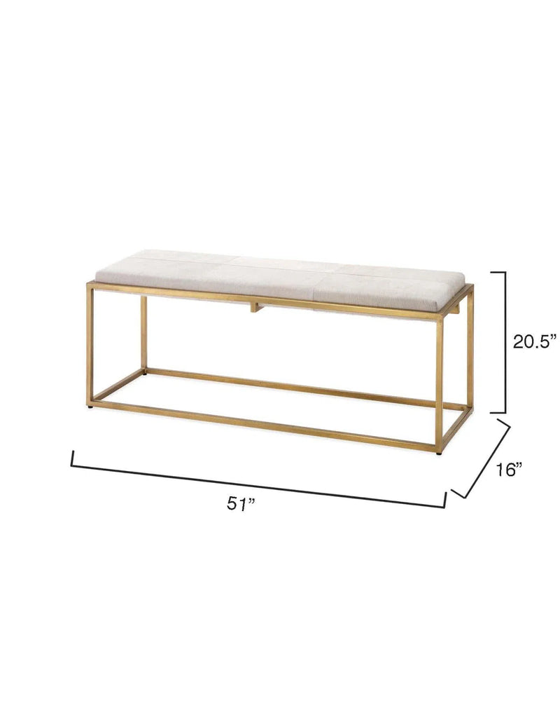 White Cowhide Gold Frame Shelby Bench Bedroom Benches LOOMLAN By Jamie Young