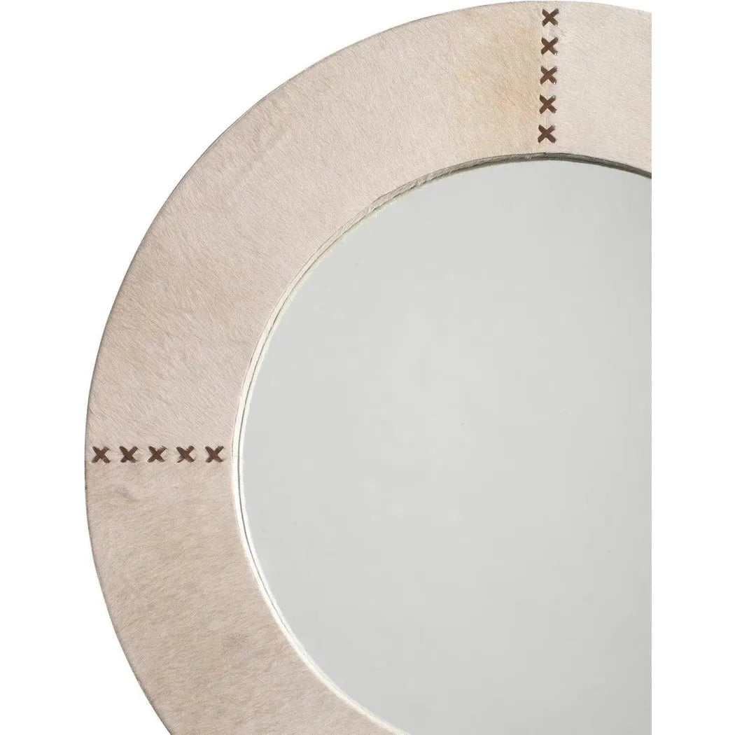 White Cowhide Leather Round Cross Stitch Wall Mirror