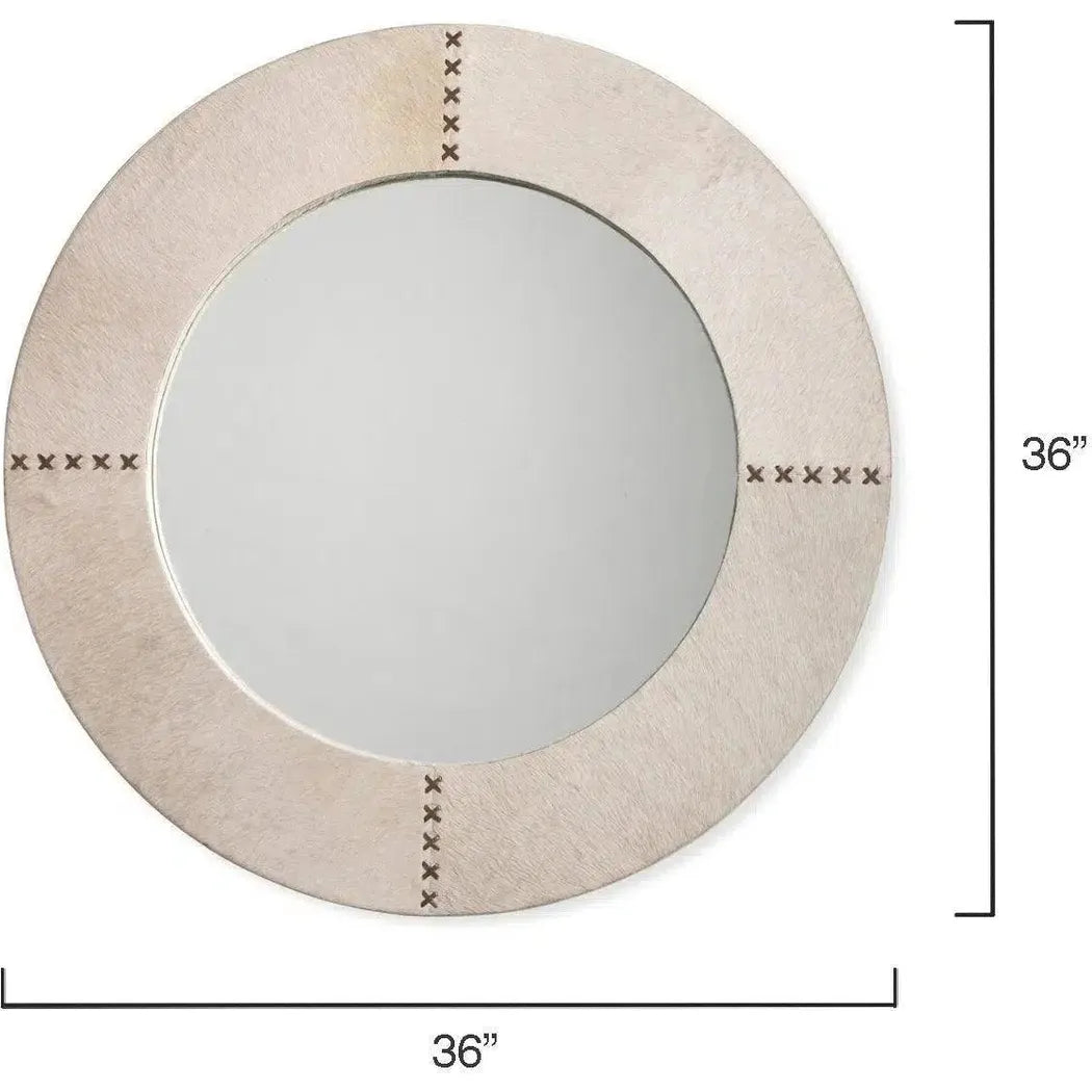 White Cowhide Leather Round Cross Stitch Wall Mirror