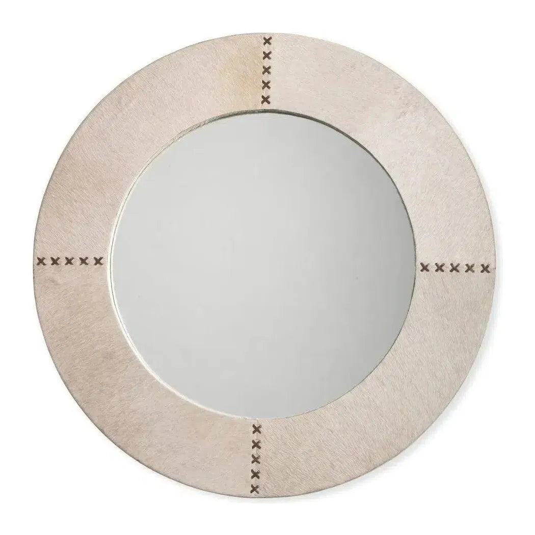 White Cowhide Leather Round Cross Stitch Wall Mirror