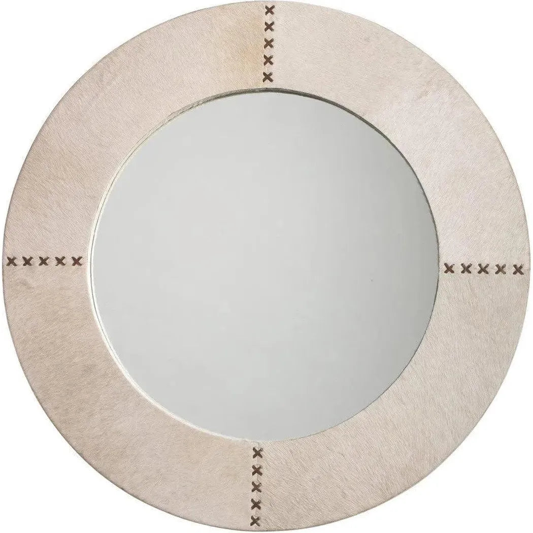 White Cowhide Leather Round Cross Stitch Wall Mirror