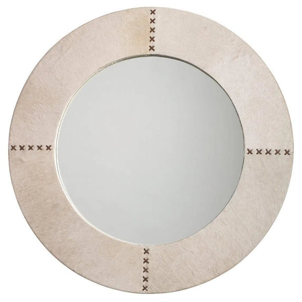 White Cowhide Leather Round Cross Stitch Wall Mirror Wall Mirrors LOOMLAN By Jamie Young