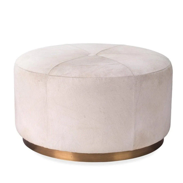 White Hide & Gold Accents Large Thackeray Round Pouf Poufs and Stools LOOMLAN By Jamie Young