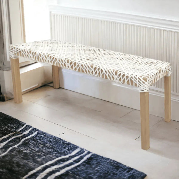 White Leather Woven Lulua Backless Bench Bedroom Benches LOOMLAN By Artesia