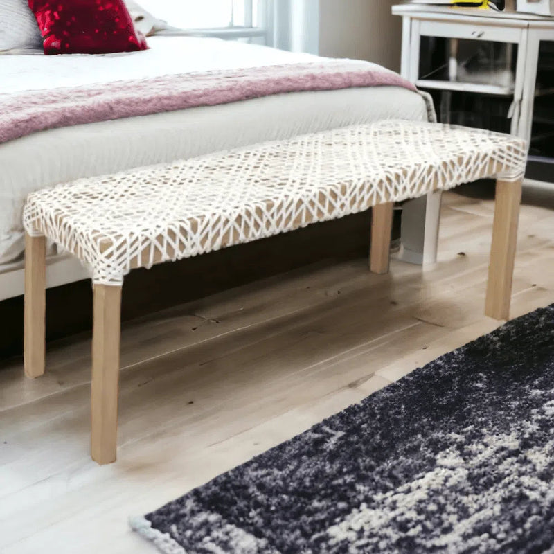 White Leather Woven Lulua Backless Bench Bedroom Benches LOOMLAN By Artesia