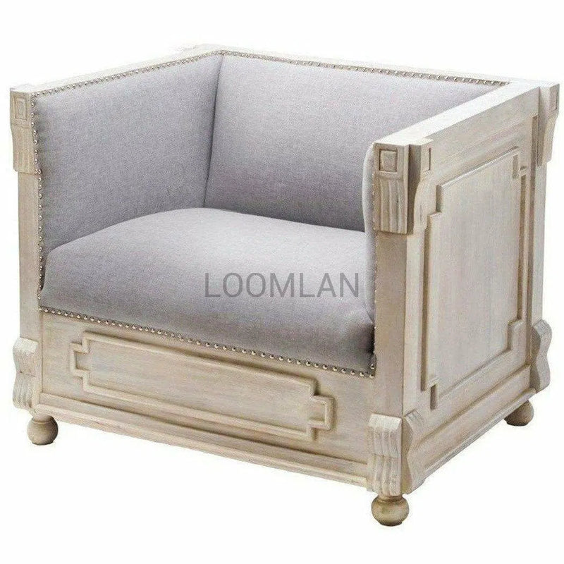 White Wash Carved Wood Upholstered Lounge Accent Chair Club Chairs LOOMLAN By LOOMLAN