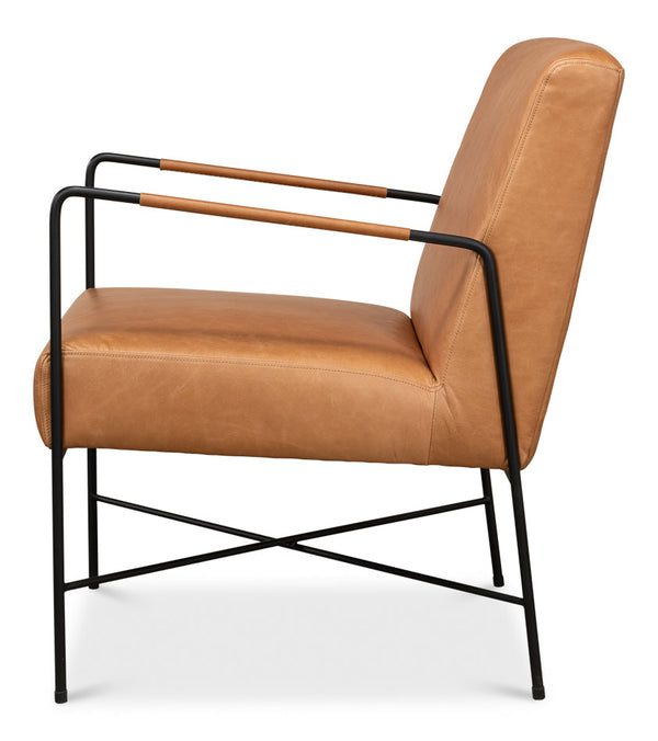 Xander Armchair Tan Leather Metal Frame Accent Chair-Accent Chairs-Sarreid-LOOMLAN
