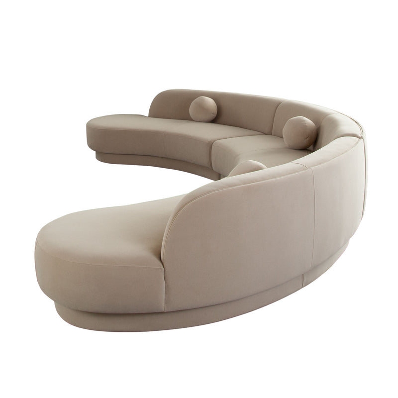 Zelda Light Camel Performance Velvet 3PC Modular Curved Armless Sofa and 2 Chaise With 3 Accent Pillow Balls