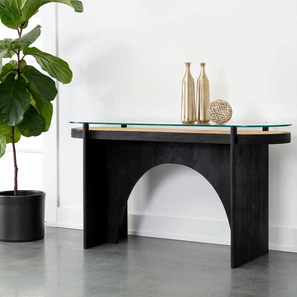 Adora Console Table Modern Glass Rattan Wood - LOOMLAN - Console Tables