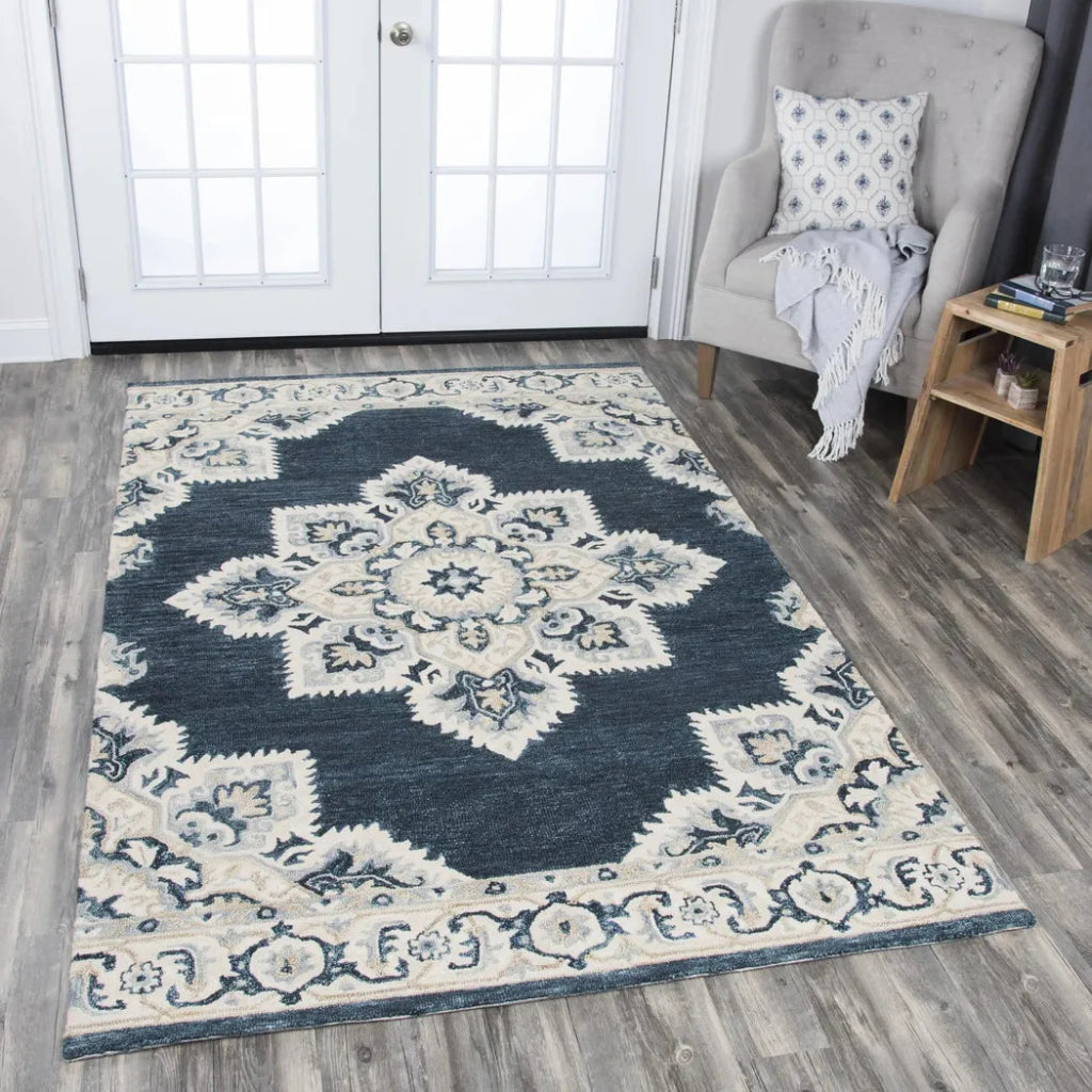 Avit Central Medallion Dark Blue Large Area Rugs - LOOMLAN - LOOMLAN - Area Rugs