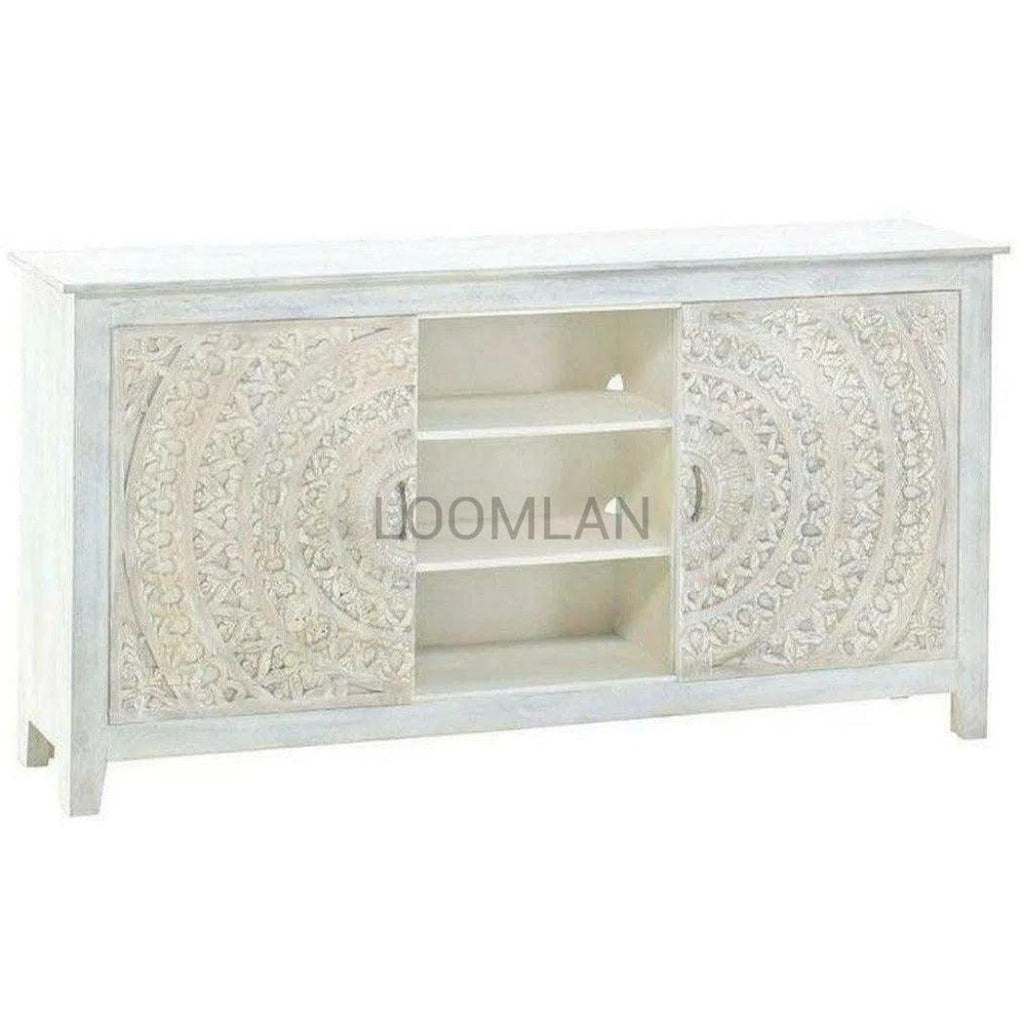 Boho White TV Stand with Sliding Doors - LOOMLAN - LOOMLAN - TV Stands & Media Centers