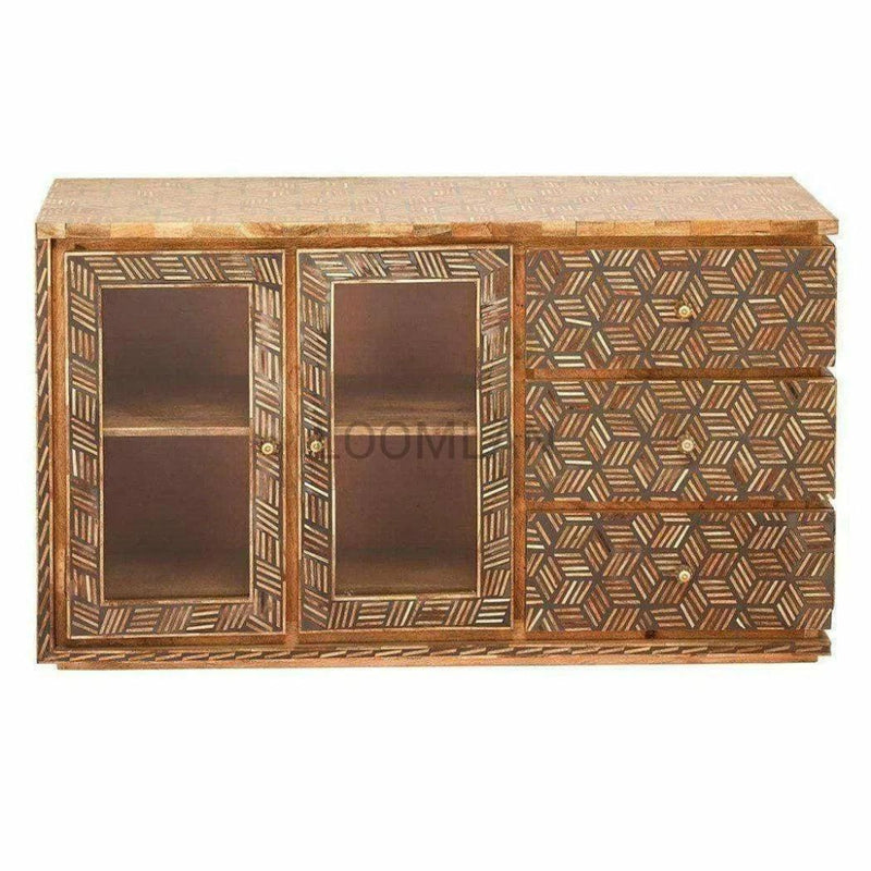 Bone Inlay 3 Drawer 2 d Glass Doors Display Sideboard - LOOMLAN - LOOMLAN - Sideboards