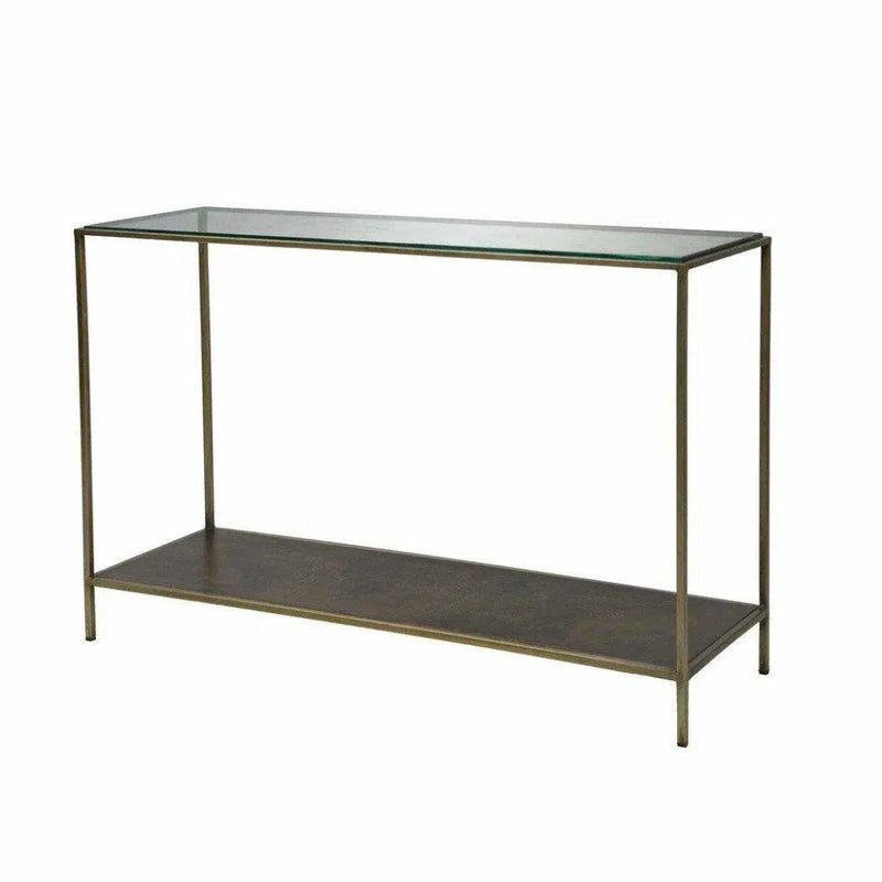 Brown Console Table Shelves Glass Top Metal - LOOMLAN - LH Imports - Console Tables