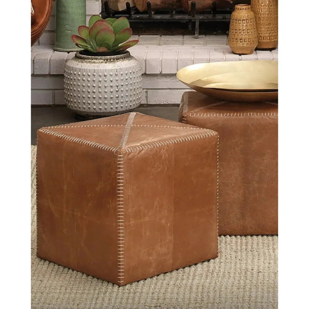 Buff Tan Leather Square Ottoman - Small - LOOMLAN - Jamie Young - Ottomans