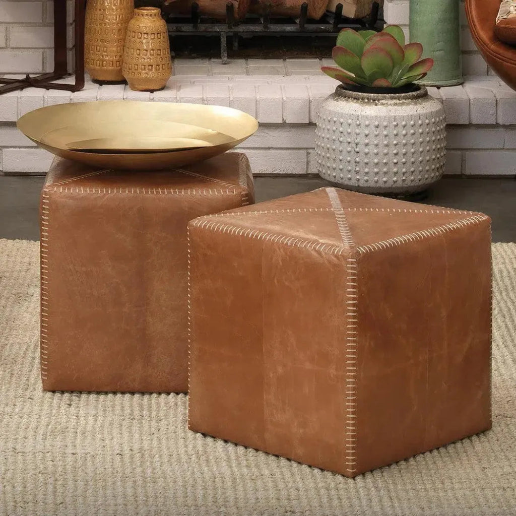 Buff Tan Leather Square Ottoman - Small - LOOMLAN - Jamie Young - Ottomans