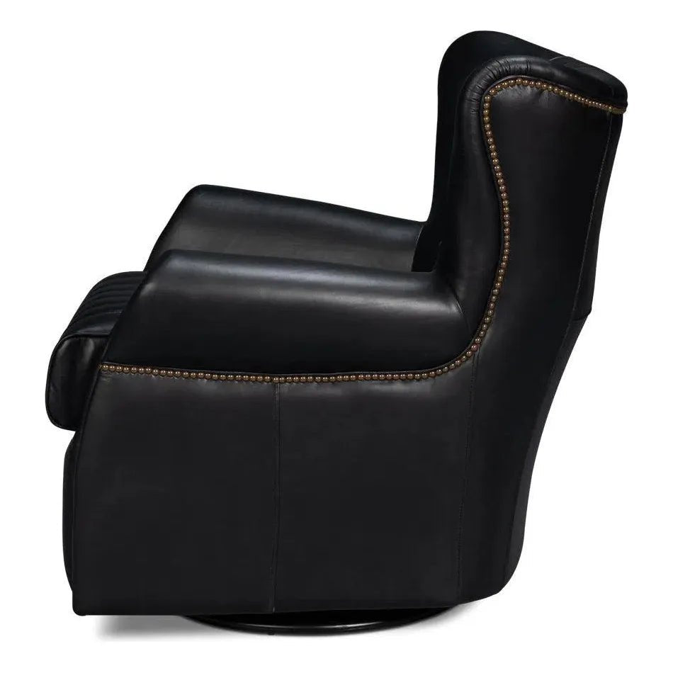 Bugatti Leather Black Swivel Arm Chair - LOOMLAN - Sarreid - Club Chairs