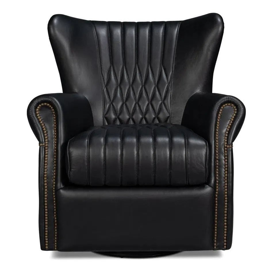 Bugatti Leather Black Swivel Arm Chair - LOOMLAN - Sarreid - Club Chairs