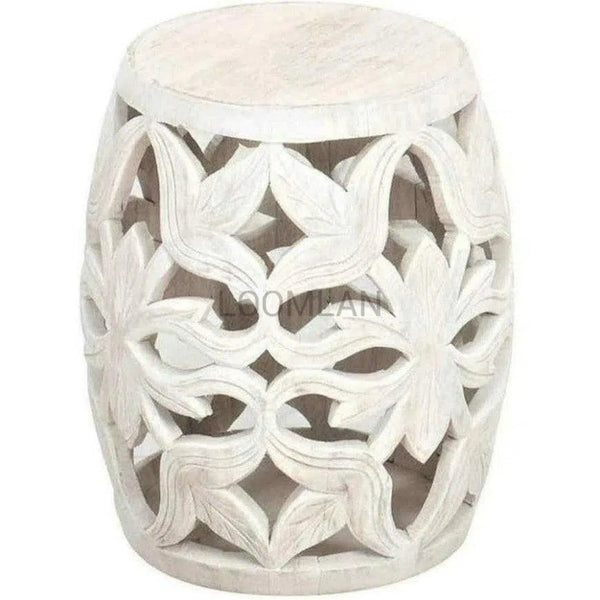 Carved Wood White Round Drum Side Table - LOOMLAN - LOOMLAN - Side Tables