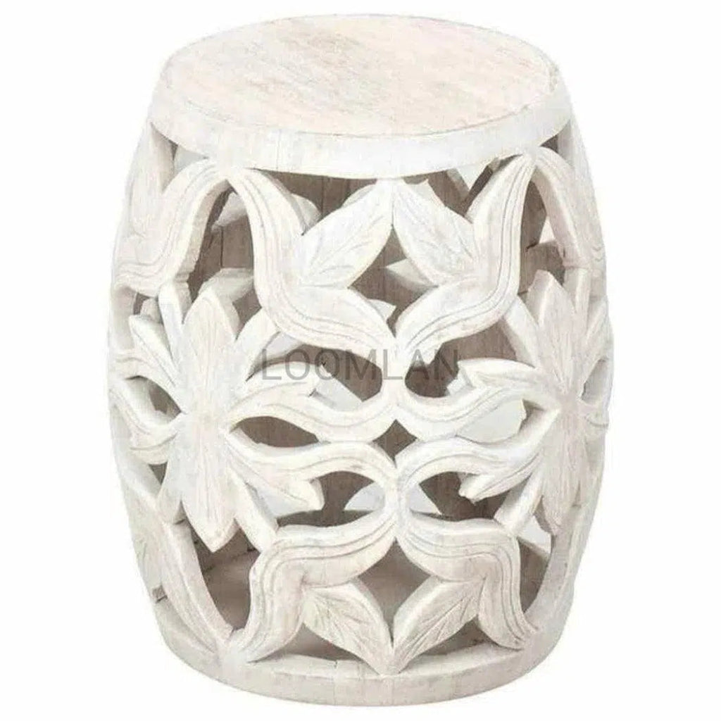 Carved Wood White Round Drum Side Table - LOOMLAN - LOOMLAN - Side Tables