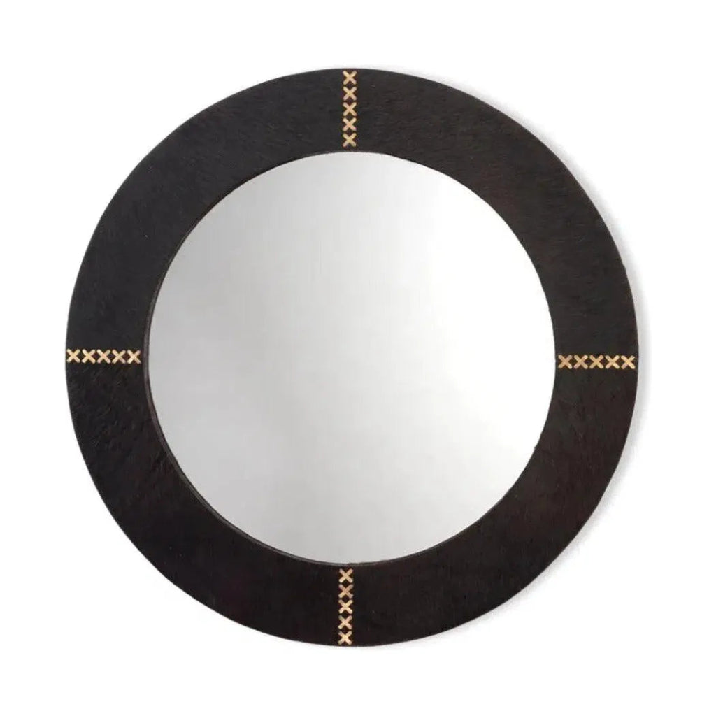 Cowhide Leather Round Cross Stitch Wall Mirror - LOOMLAN - Jamie Young - Wall Mirrors