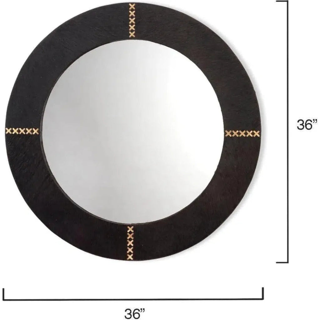 Cowhide Leather Round Cross Stitch Wall Mirror - LOOMLAN - Jamie Young - Wall Mirrors