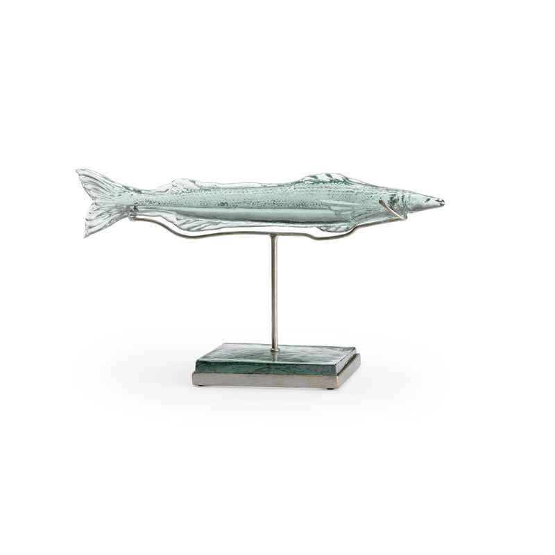 Flying Fish Green Glass On Iron Stand Sculpture